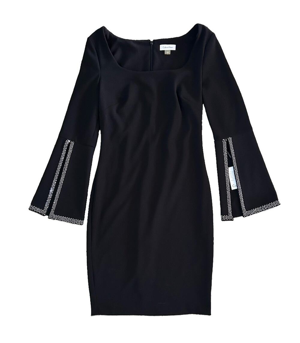 NWT Calvin Klein Black Dress Knee Length Size 4 Slit Sleeves Rhinestones Classy